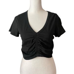 Wilfred Free Small Levant Crop Top Vneck Black Solid Ruched Front Tee